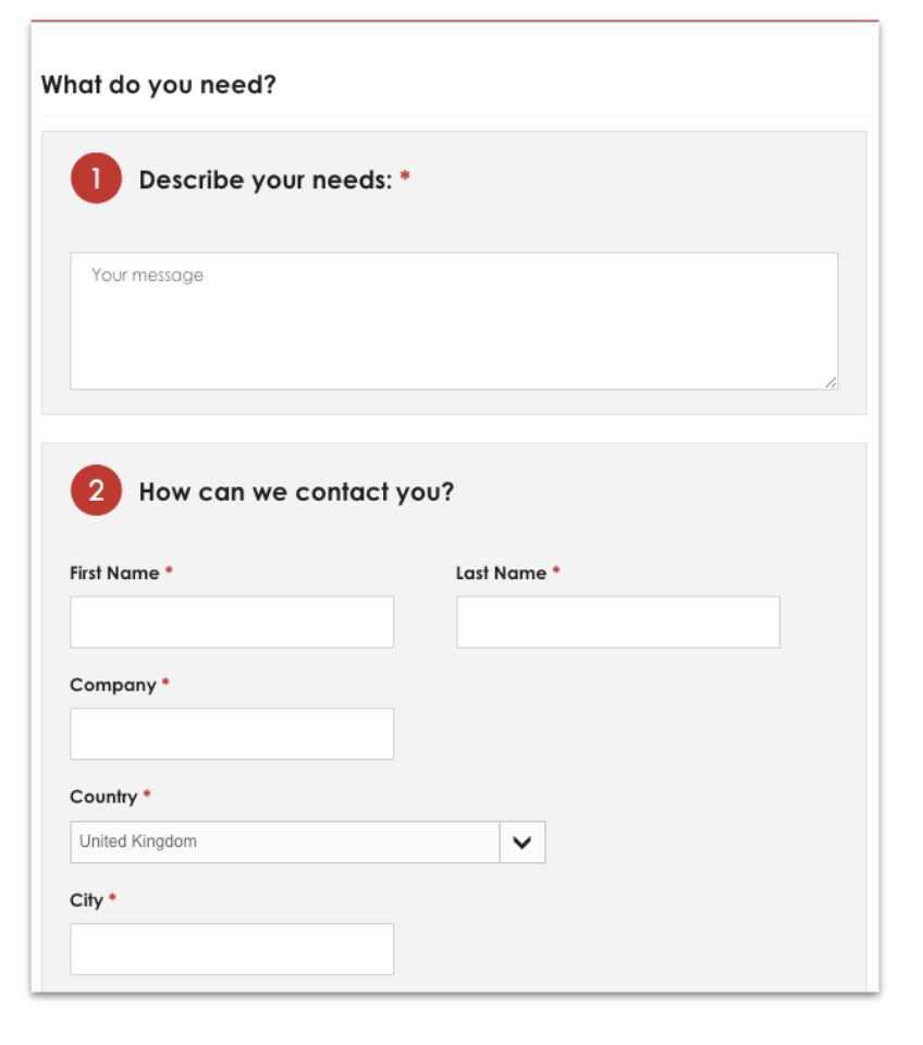 Formulaire de contact professionnel : étape 1, description du projet ou des besoins. Étape 2, saisie des coordonnées (prénom, nom, entreprise, pays, ville) pour être recontacté.