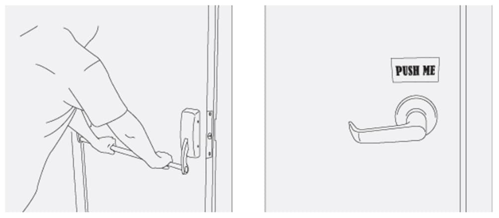 Exemple d’erreur d’affordance sur une porte : à gauche, ouverture avec barre horizontale, à droite, poignée de porte munie d’un panneau “Push me”