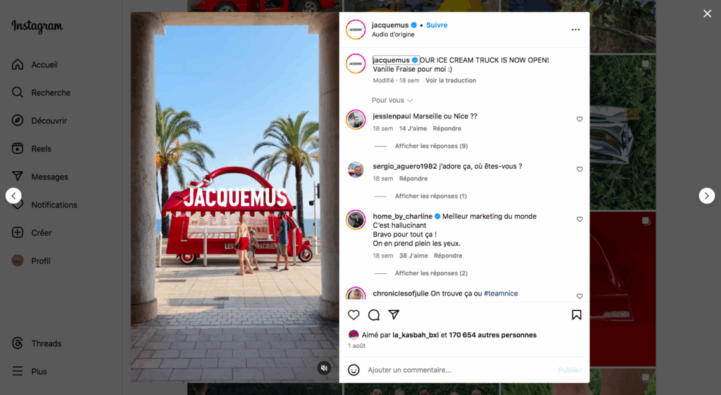 Post instagram du camion de glace Jacquemus en forme de sac à main.