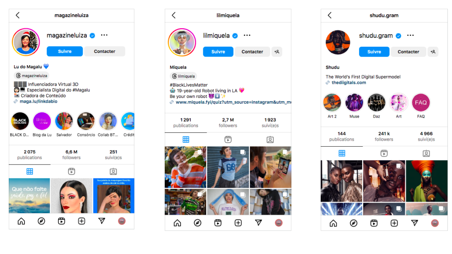 Les comptes instagram des 3 influenceuses virtuelles Lu de Magalu, Lil Miquela et Shudu Gram.