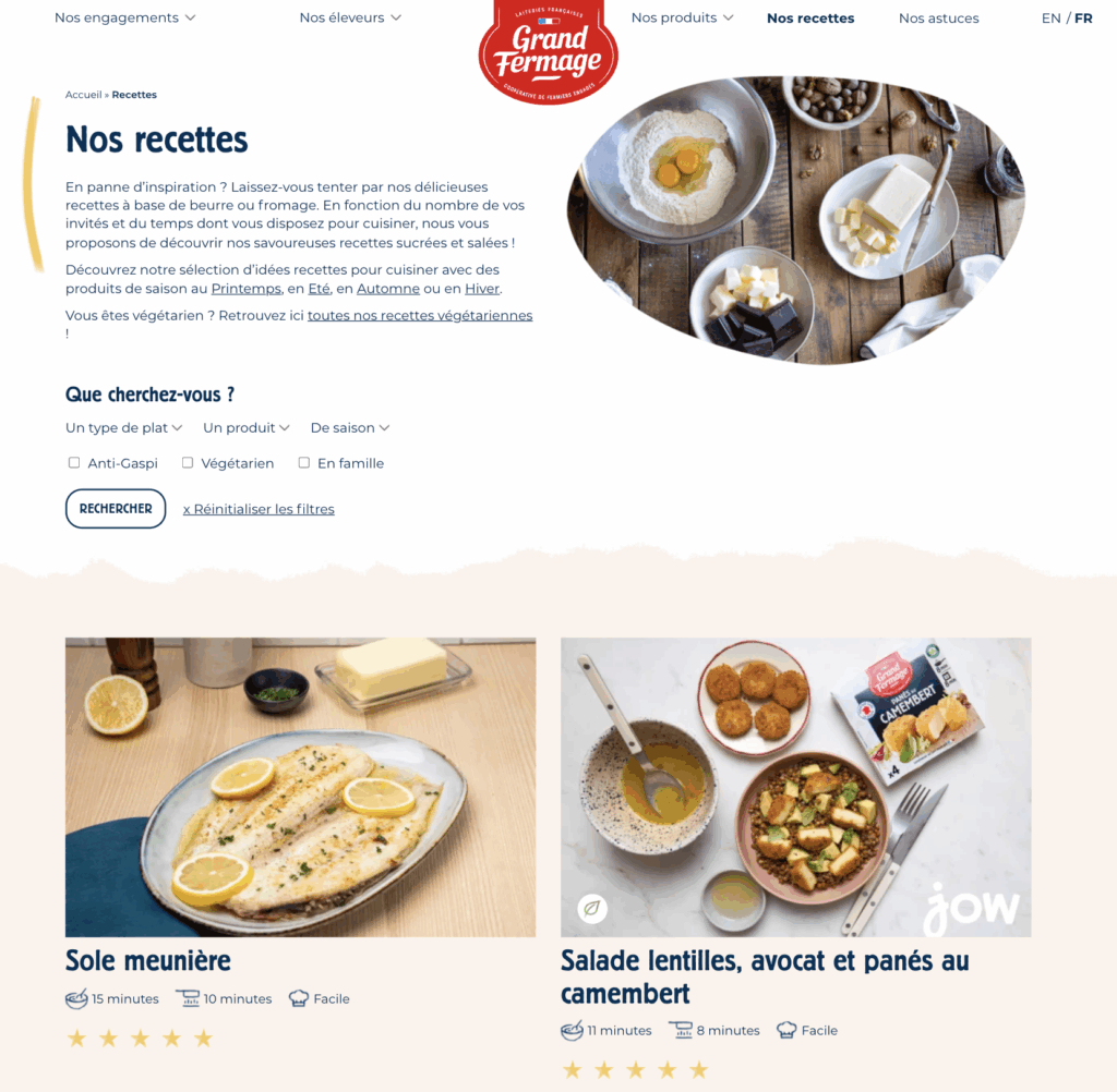 Extrait de la page recettes salés mise en ligne sur le site de Grand Fermage